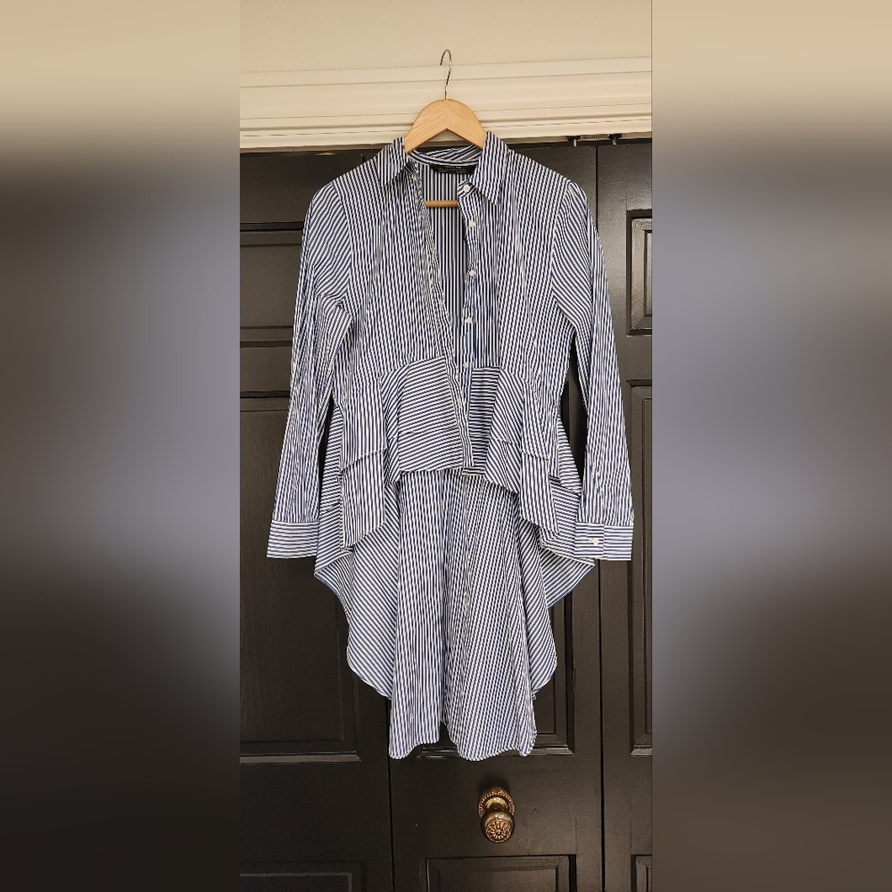 Zara Blue White Stripe Button Up Blouse with peplum high low hem train M Rare